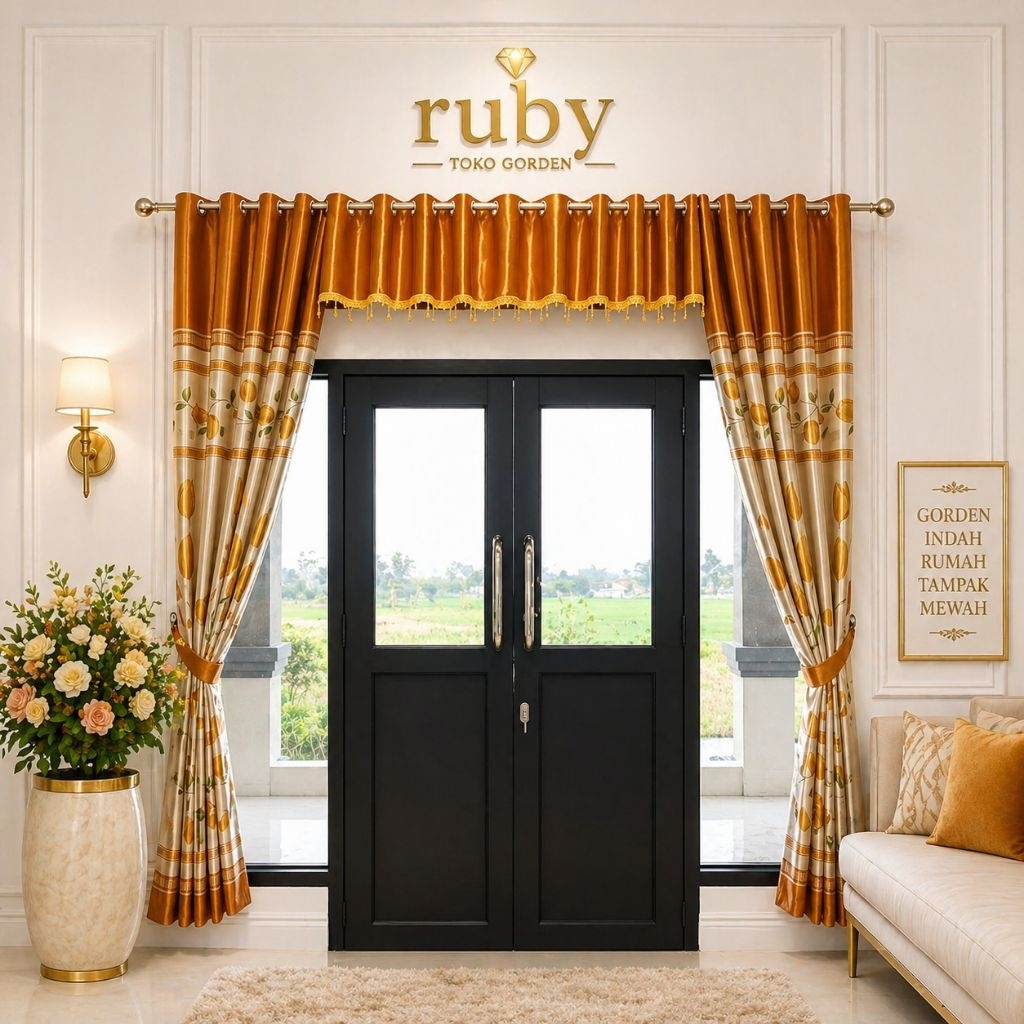 Gorden 1set harga untuk 2 gorden 1poni motif bunga tulip gold model smokring minimalis 6 gelembung l