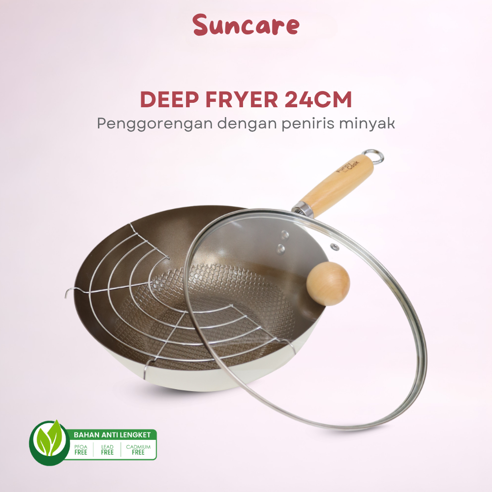 Suncare - Wajan Penggorengan 24CM Marble Coating Anti Lengket + Tutup Kaca & Peniris Minyak