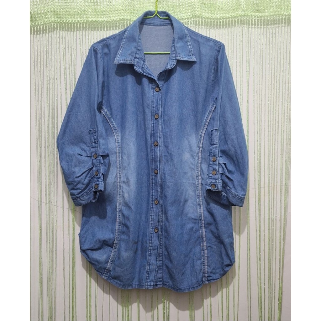 set wanita jumbo denim kemeja lengan panjang rok panjang, big size