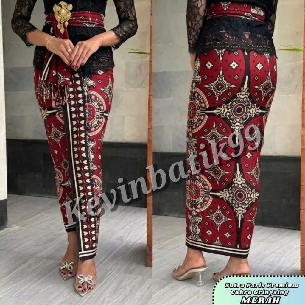 Kamen Batik Wanita Sutra Paris Premium Motif Cakra Gringsing Merah Hitam Etnik-Kain Batik Set Selend