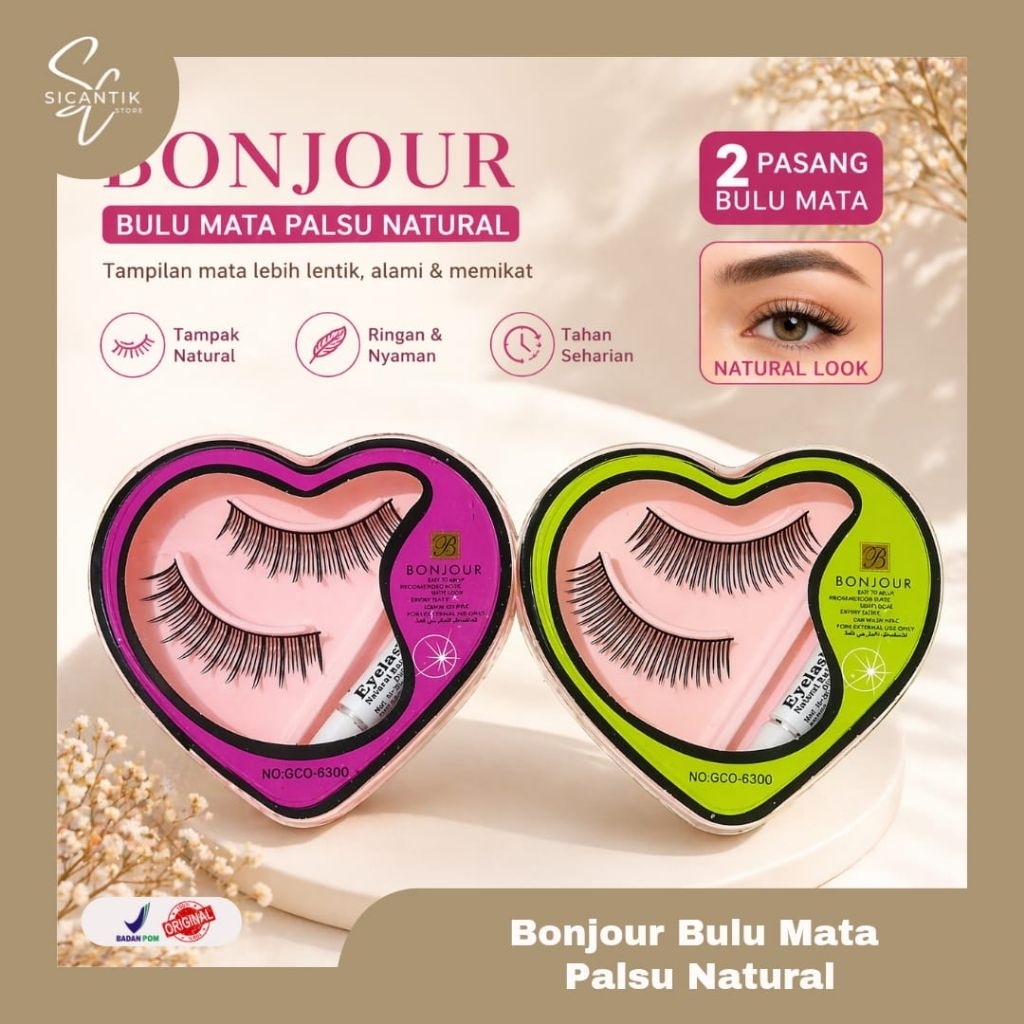 Bulu Mata Palsu Natural Bonjour Eyelashes Ringan Tahan Lama | Bulu Mata Sepasang Dengan Lem Bulu Mat