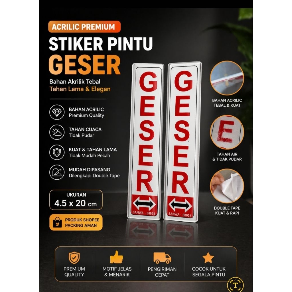 Stiker Pintu Geser Acrylic 4.5x20 cm | Tulisan GESER Kiri Kanan | Tahan Air | Double Tape | Untuk Pi