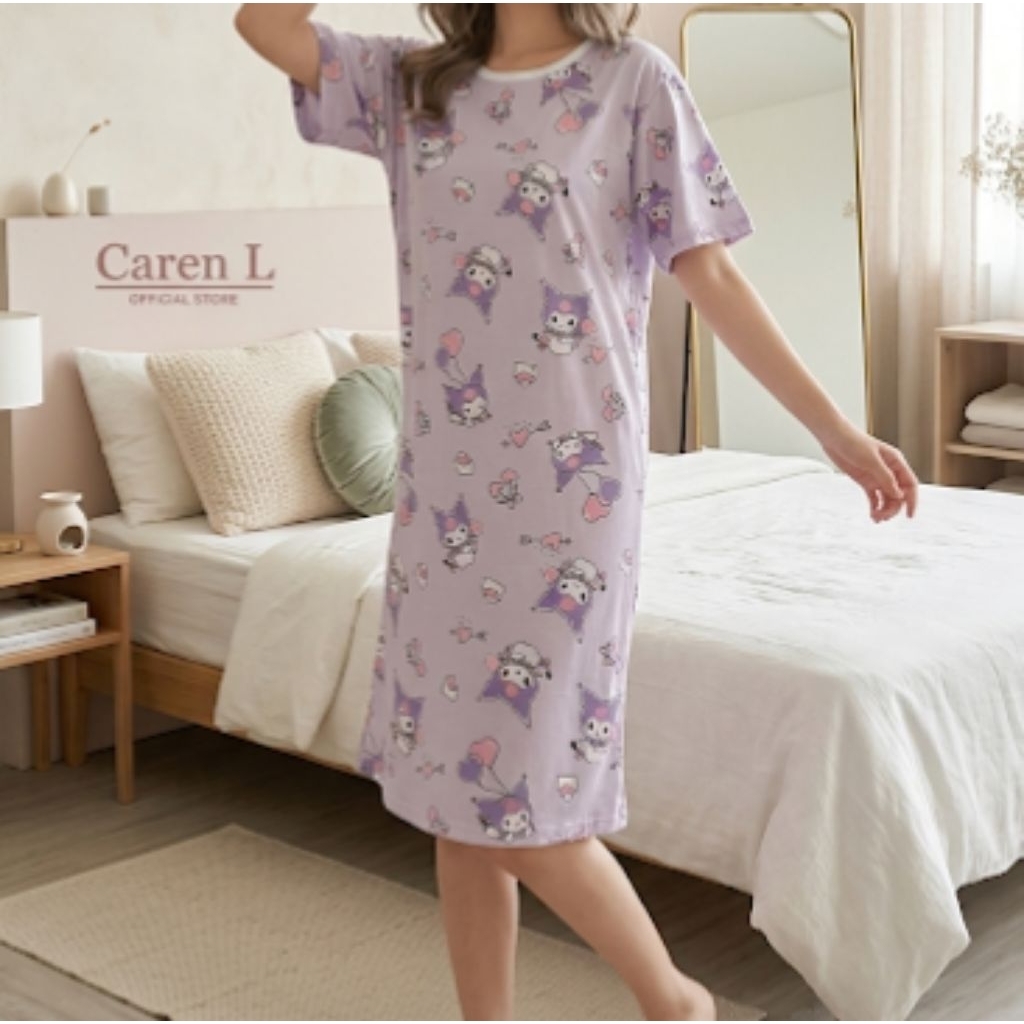 Daster Kaos Korean style | Daster Santai Wanita Cantik Kekinian Lilac Kuromi mini