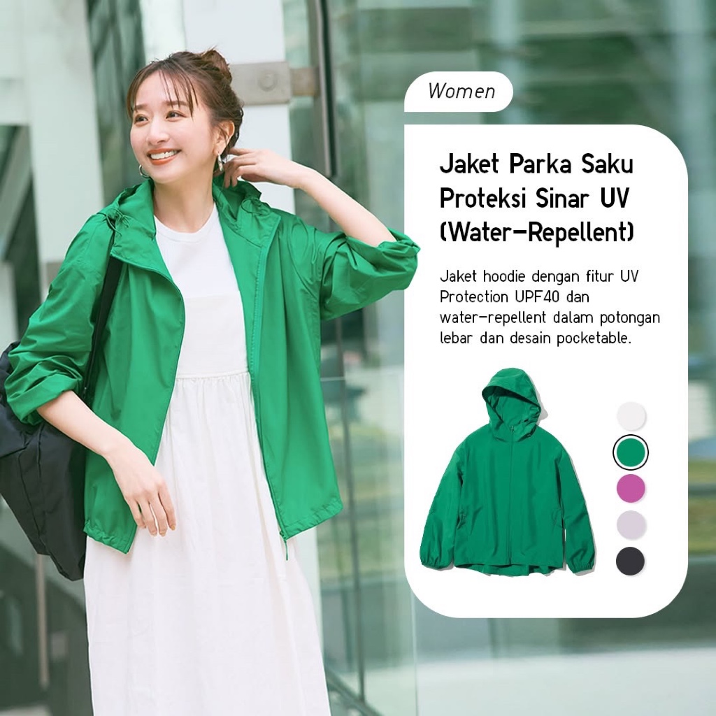 Jaket Wanita Uniqlo Parka Saku Proteksi Sinar UV Potongan 3D Water Repellent Jacket Pocketable Origi