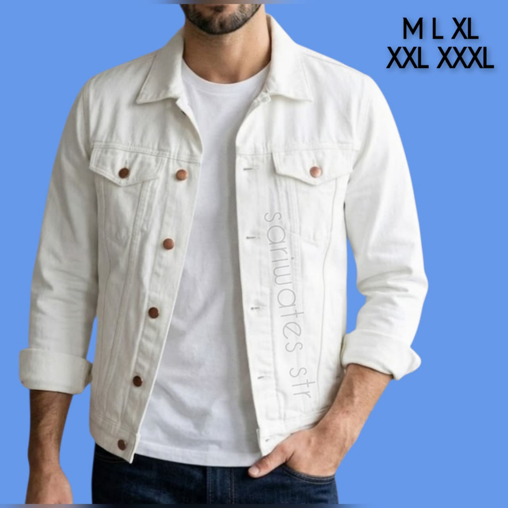 Jaket Jeans Putih Pria Wanita M L XL XXL XXXL Jacket Denim Oversize White Basic Jaket Jumbo