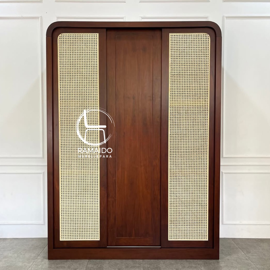 Lemari Retro Rotan 3 pintu sliding | Lemari pakaian retro kombinasi rotan sliding door kayu jati