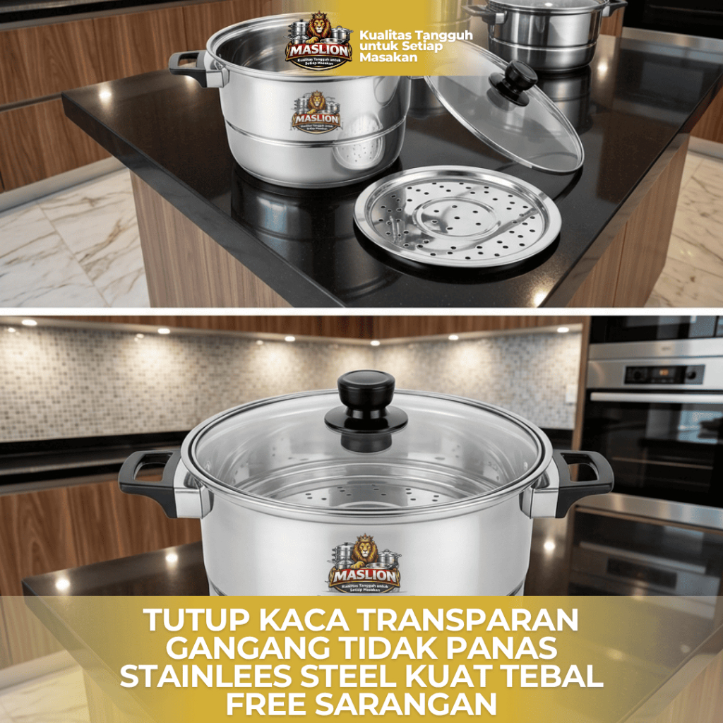 pancu kukusan atau steamer Panci Sayur, kukusan Stainless Tahan Lama Tutup Kaca Ukuran 18-28CM | Ant
