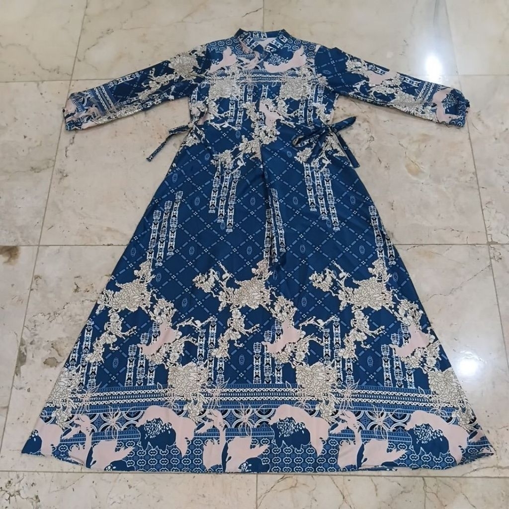 DSR Pakaian Wanita Fashion Muslim Dress Gamis Motif Starla Biru Laut Kerah Shanghai Mandarin Resleti