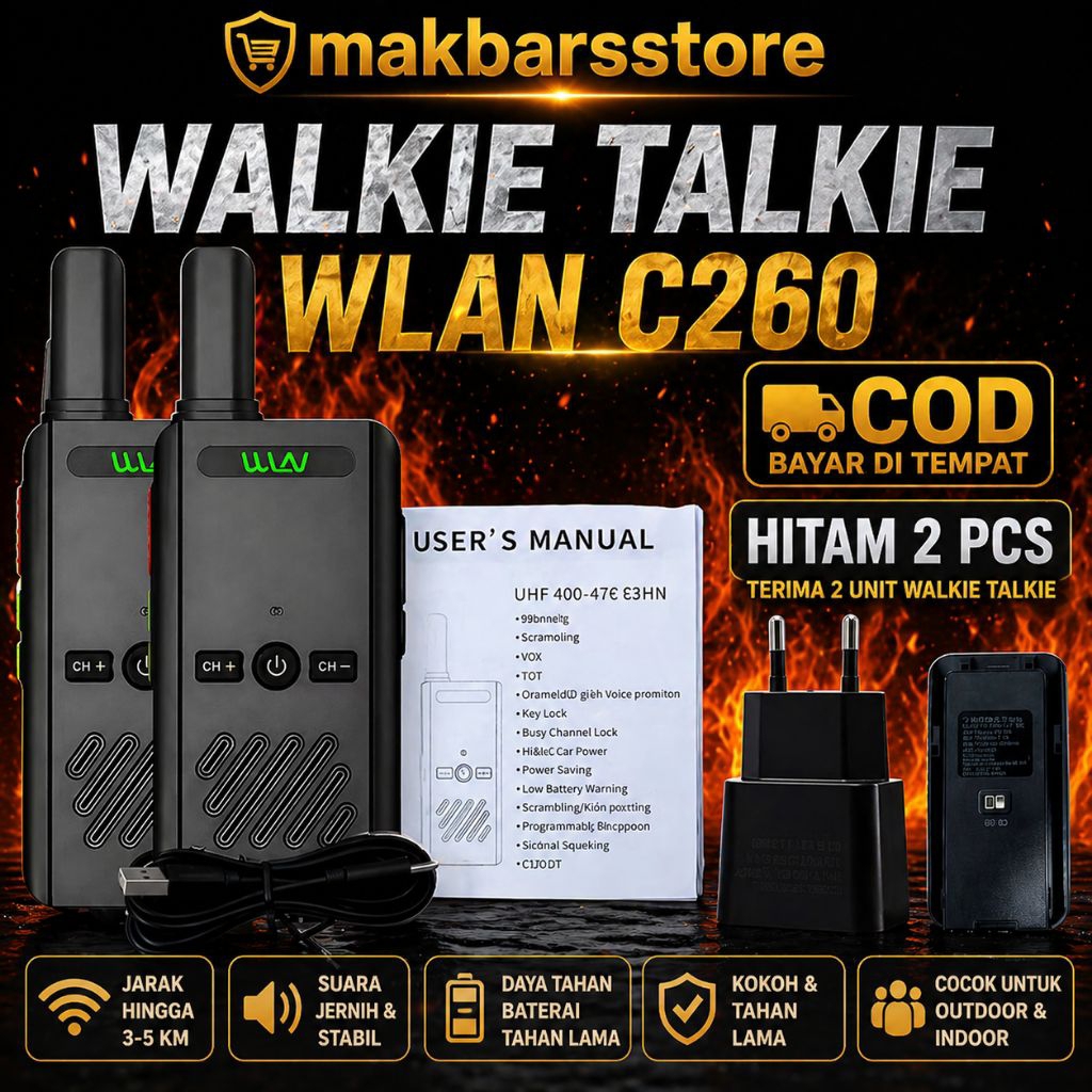 Walkie Talkie WLAN C260 HT Mini 2 PCS Hitam | HT Jarak 3-5KM Suara Jernih | Handy Talky Outdoor Indo