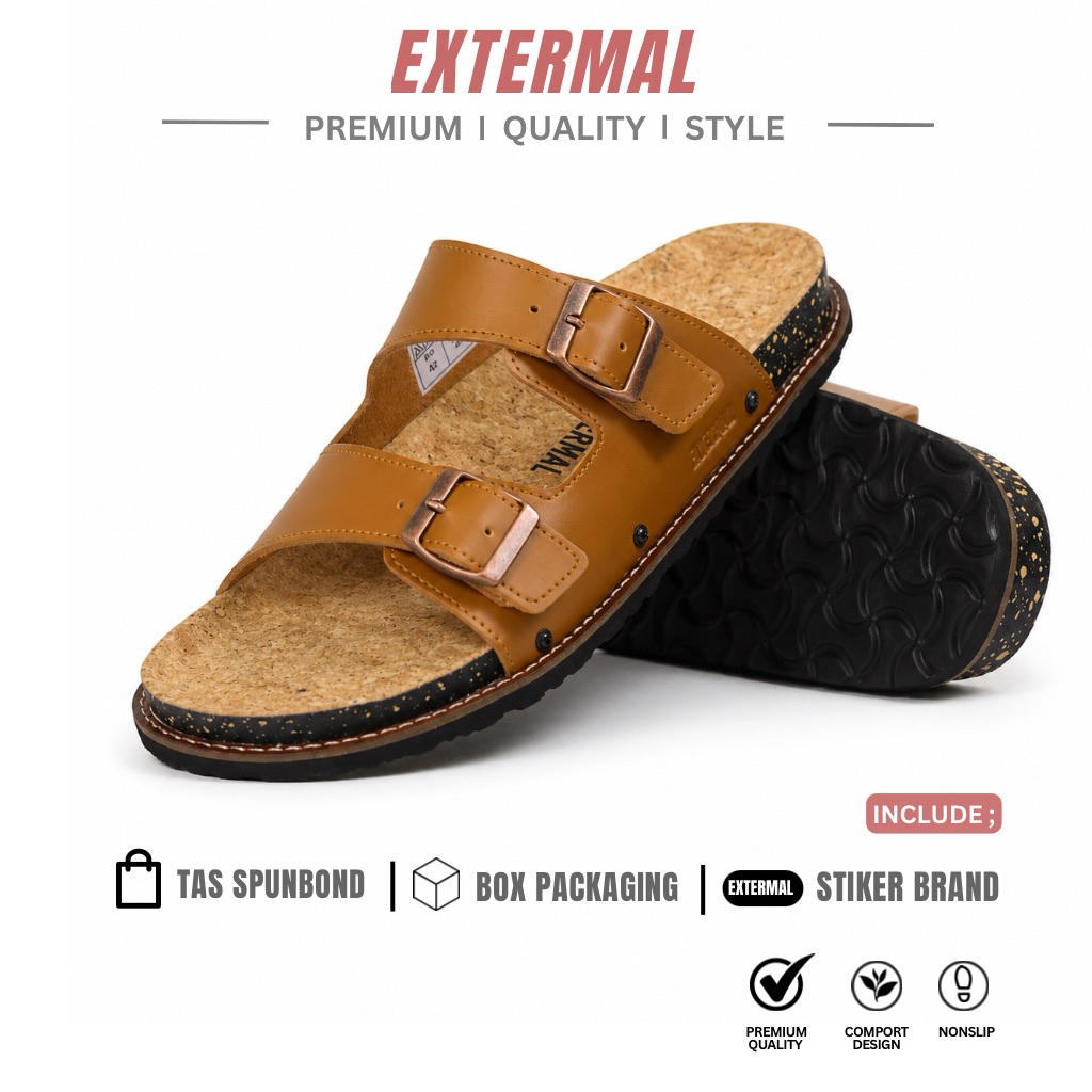 Extermal andal Pria Wanita Cowok Cewek Simpel Formal Casual Slide Coklat Kulit Sintetis Shaka Ukuran