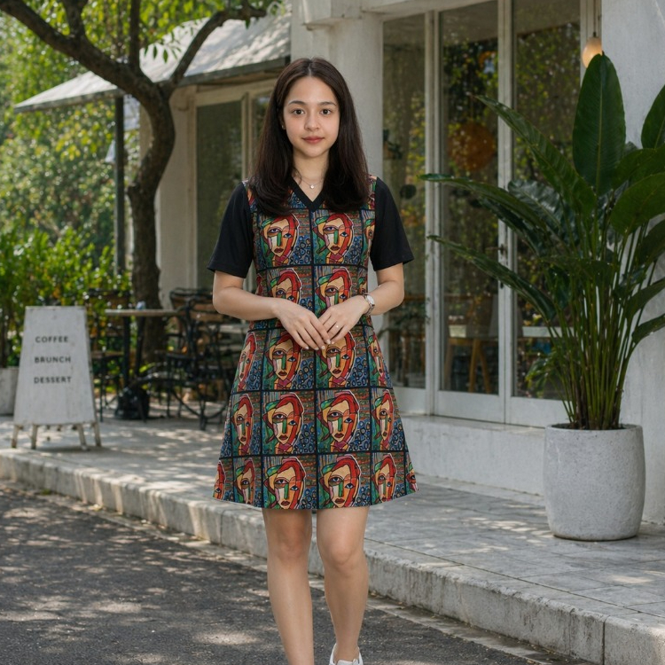 Dress Tunik Wanita Modis Motif Abstrak "Eye of Curiosity"  – Long Tunic Casual Lengan Pendek Dress E