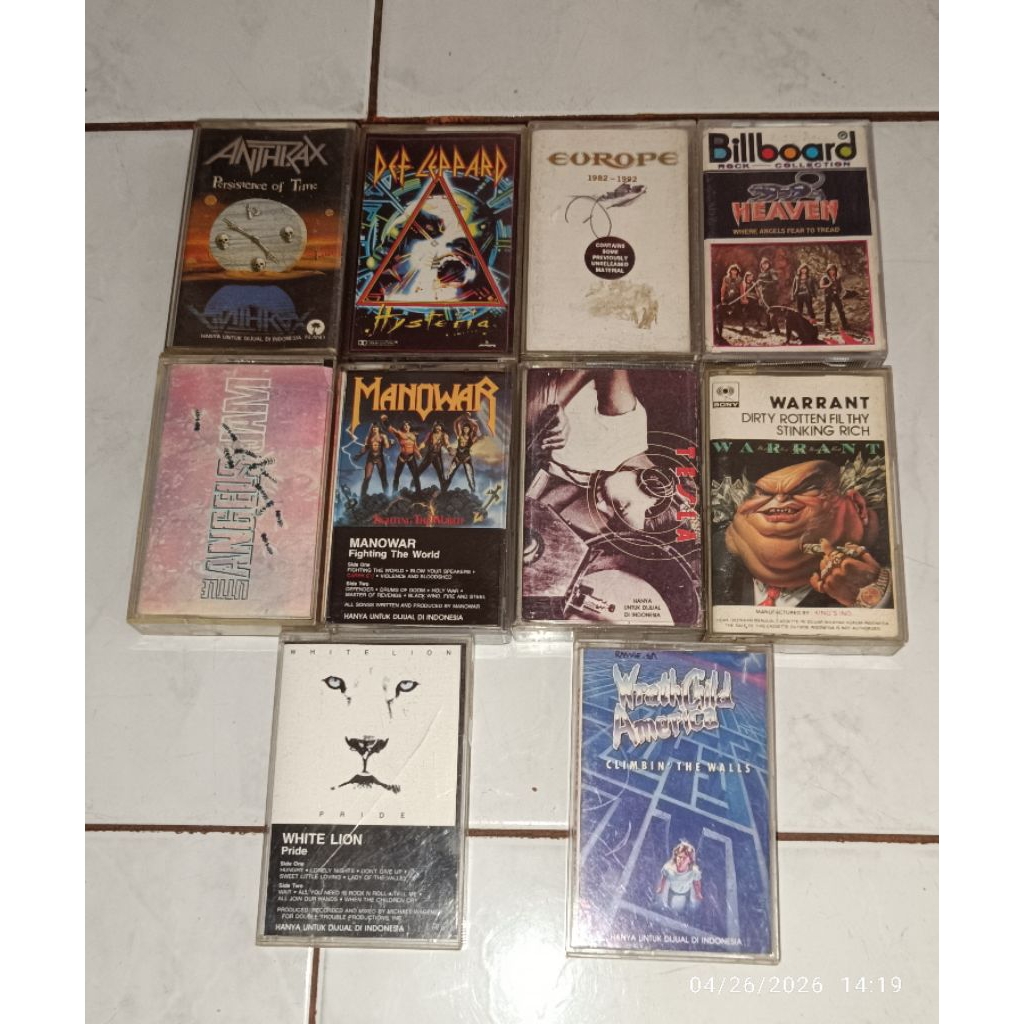 kaset ANTHRAX-Persistence Of Time / DEF LEPPARD-Hysteria / EUROPE-1982 1992 / HEAVEN-Where Angels Fe