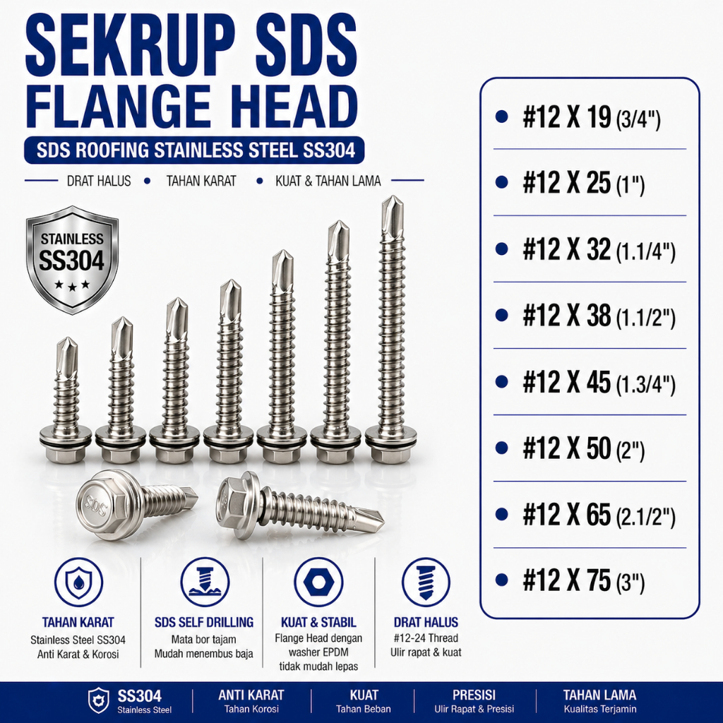 Sekrup SDS Flange Head #12X50 / SDS Roofing #12-24 X 2  Drat Halus Stainless SS304