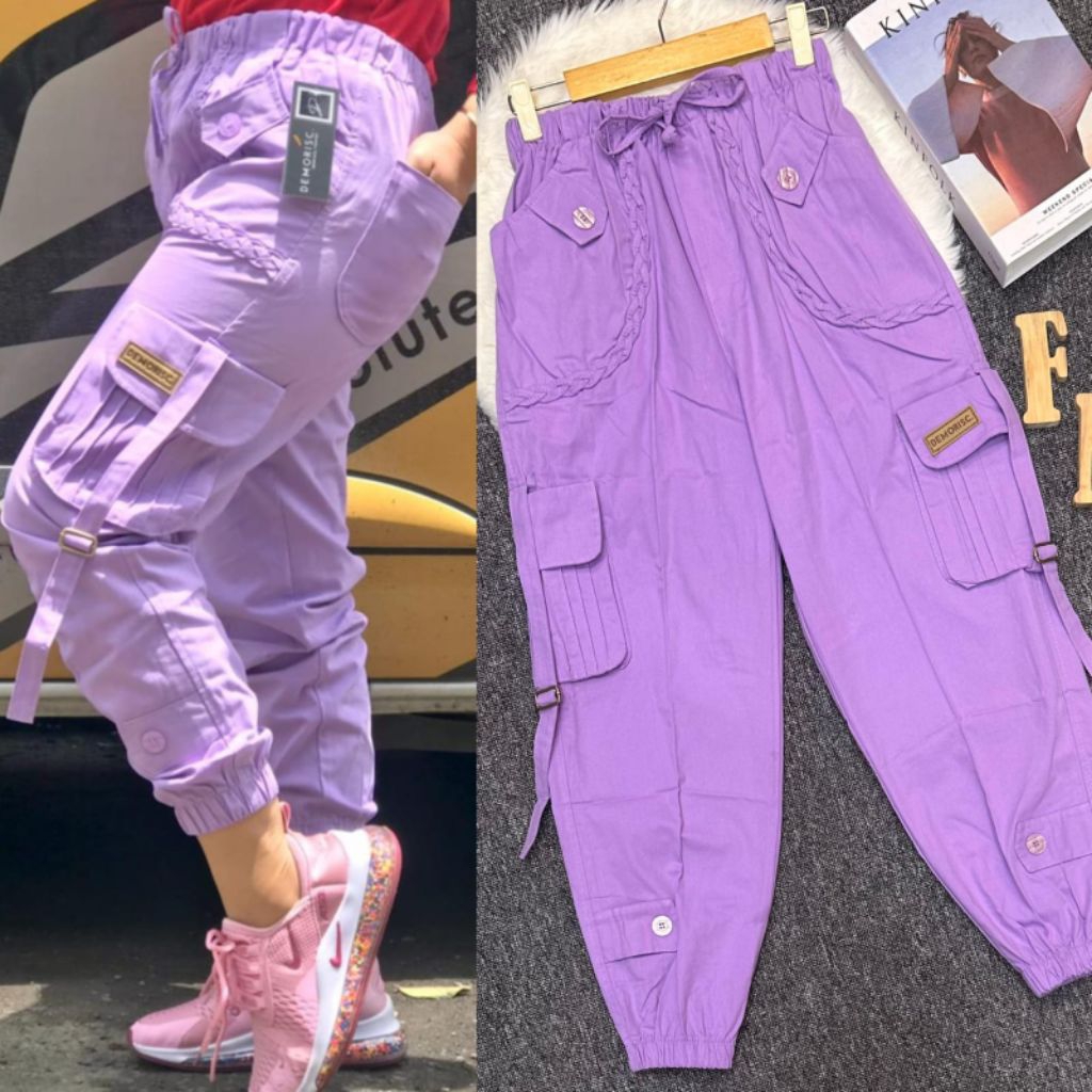 Jogger kargo wanita kepang demorisc warna lilac