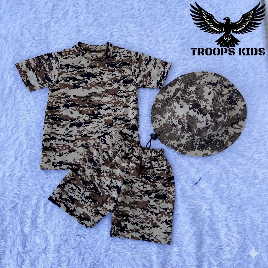 Setelan Kaos Anak Loreng Gurun Digital 3-in-1 - Baju Tentara Desert Camo + Topi Rimba