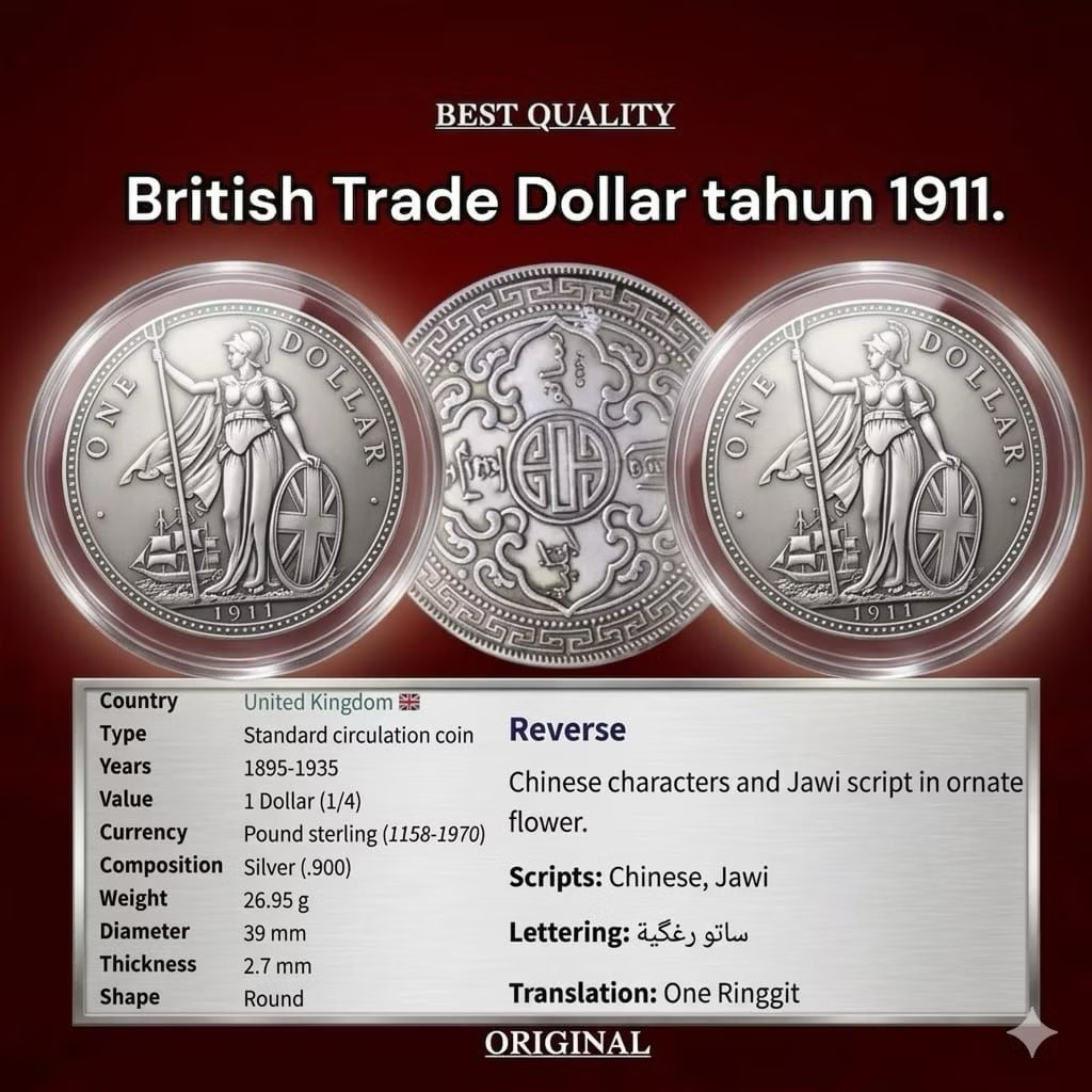 Koin Perak One Dollar United Kingdom British Trade Dollar tahun 1911