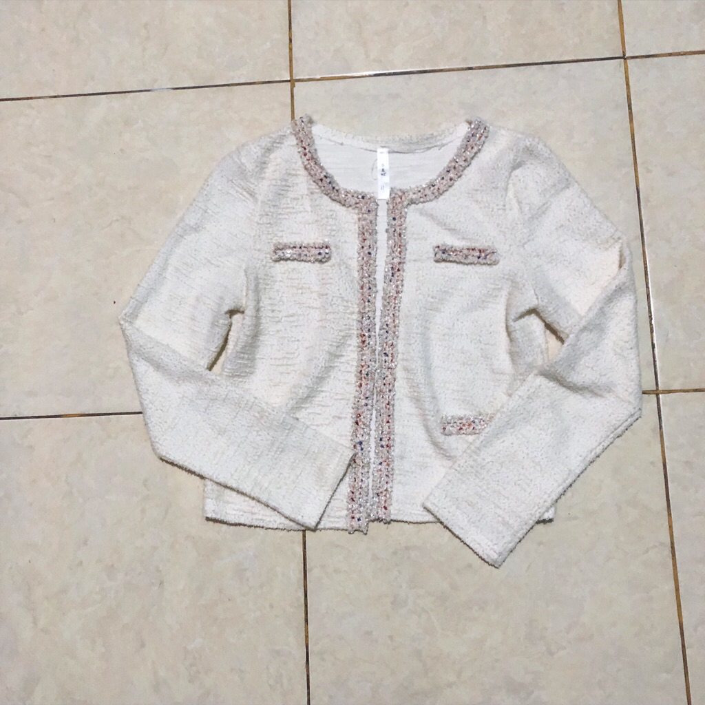 Tweed outer white cardigan cardi putih korean top