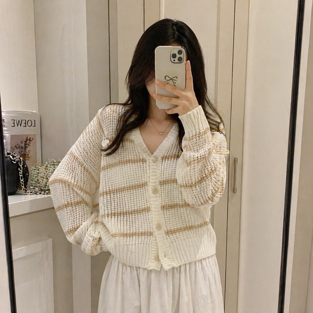 Hooked - Baju Rajut Sweater Cardigan Wanita Putih Simple Premium / Rajut Lokal
