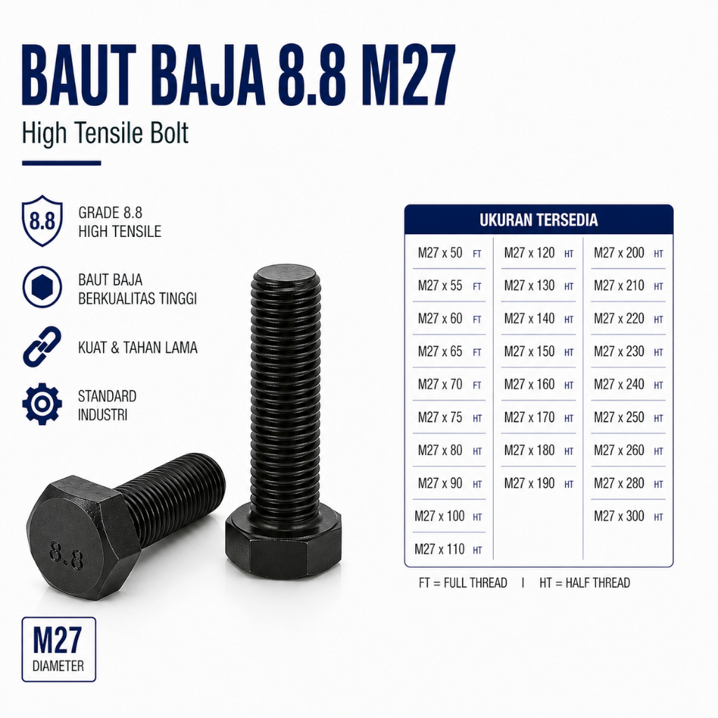 Baja 8.8 Baut M27X300 / Baut 27X300 / M27 X 300 / 27 X 300  Grade 8.8 HTB - High Tensile Bolt Half D