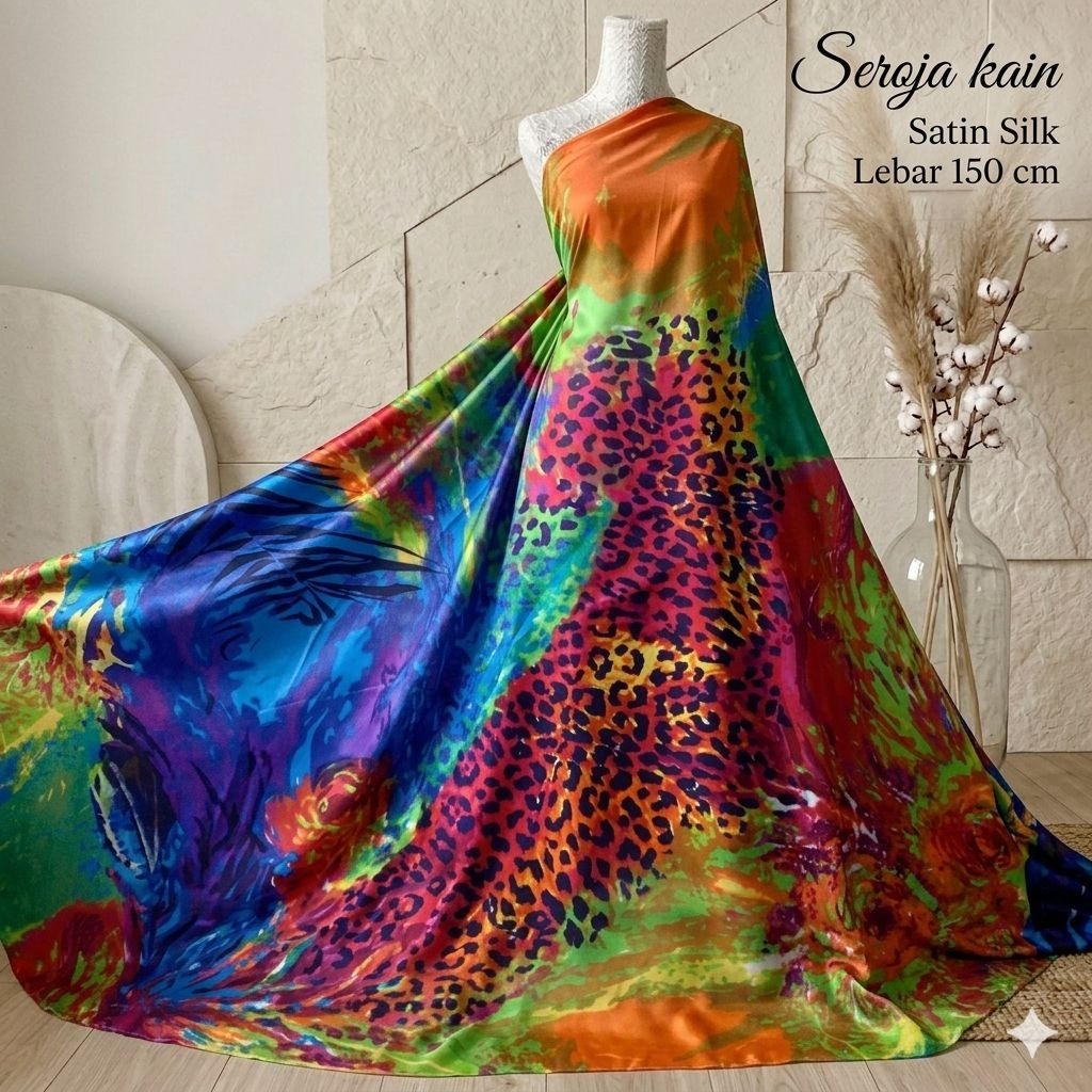 Kain Satin Silk Motif Abstrak & Leopard - Lebar 150cm Kyt