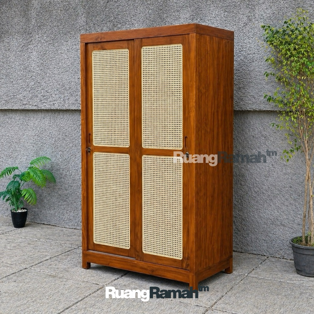 Lemari Pakaian Jati Minimalis Pintu Sliding Kombinasi Rotan Kayu Jati Jepara | Almari Baju Kayu Jati