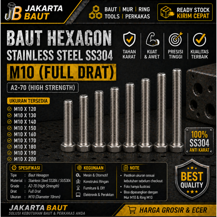 Baut Hex Stainless M10X130 - Baut Hexagon 10X130 / M10 X 130 / 10 X 130  SS304 / SUS304 / A2-70 Full