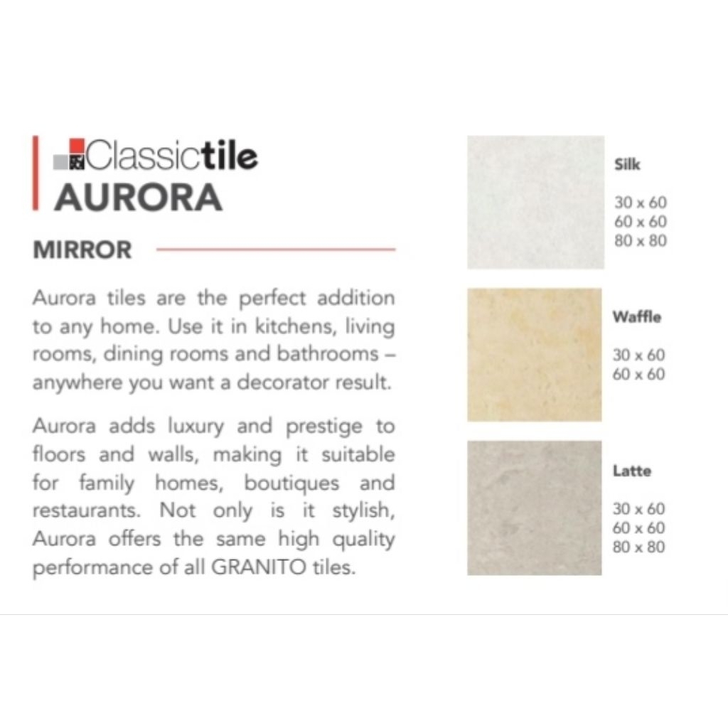 Granit Merk Granito Artile Tipe Aurora Mirror Silk, Waffel, Latte Ukuran 30x60 dan 60x60 dan 80x80