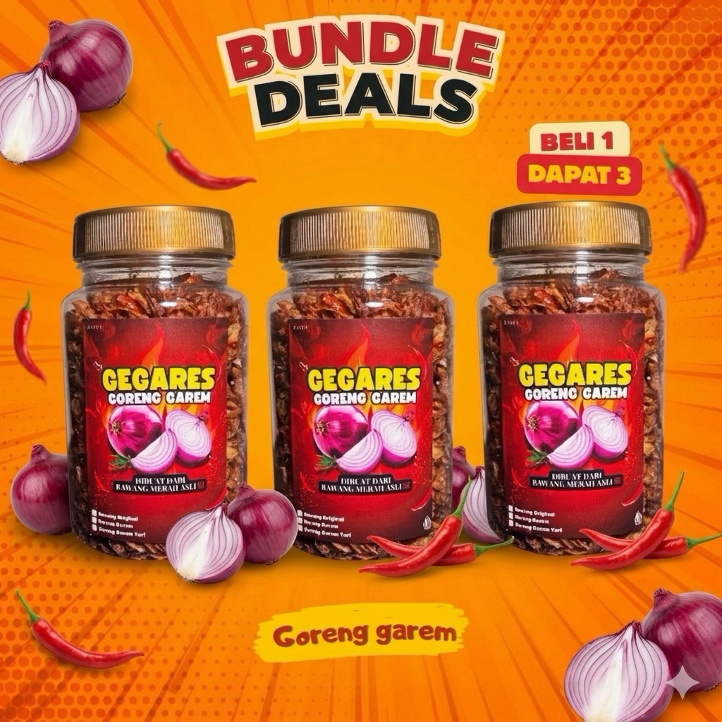 PROMO 3 BAWANG GORENG GAREM PEDAS ASIN GURIH 320 ML 95 GRAM ASLI BREBES BUKAN SUMENEP MAKANAN RINGAN
