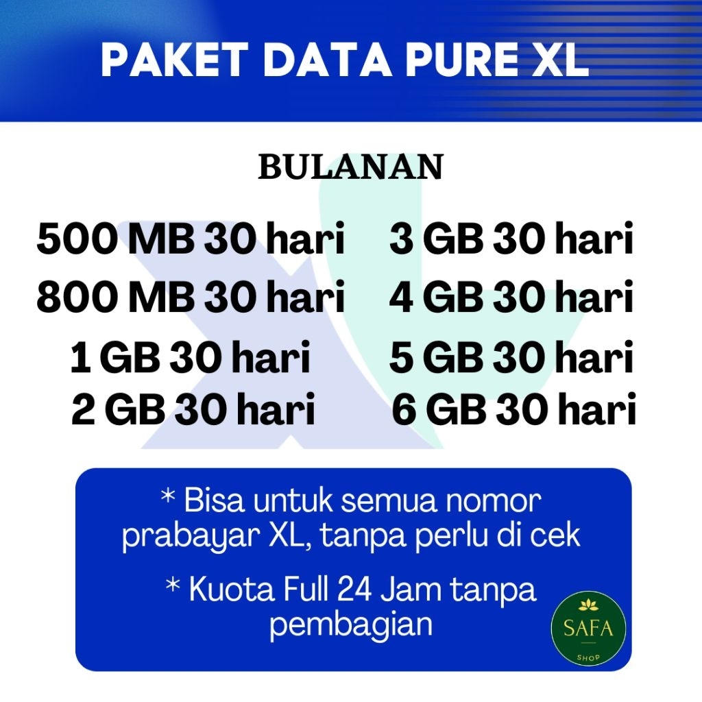 Paket Data XL Pure 30 hari, Kuota 500 MB 800 MB 1 GB 2 GB 3 GB 4 GB 5 GB