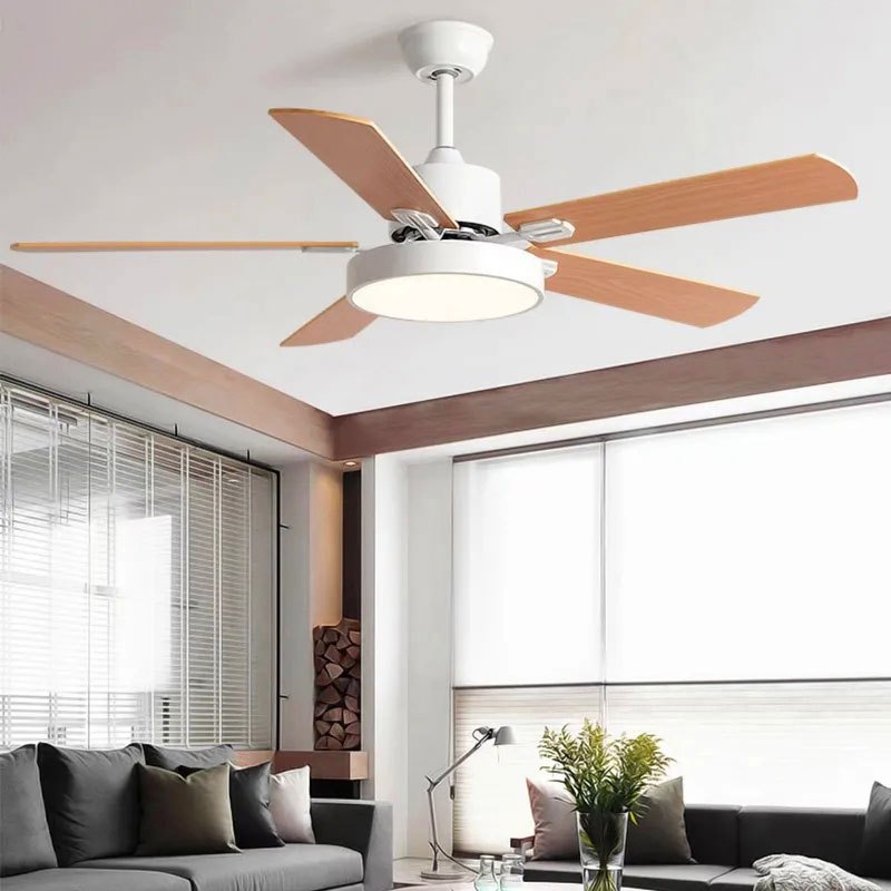 Kipas Angin Gantung Plafon 52 inch Lampu LED 3 Warna Kipas Model Kayu dengan Remot