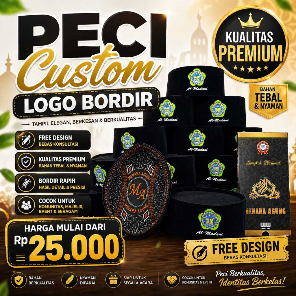 Peci Songkok Custom Logo Bordir Identitas Sekolah Grup Komuitas Ponpes Madrasah Dll