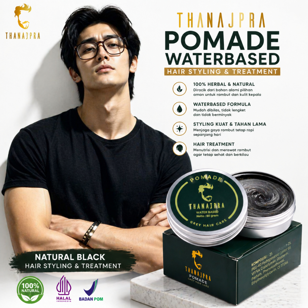 Minyak rambut cowok basah wangi hitam alami Thanajpra pomade waterbased anti uban rontok rusak