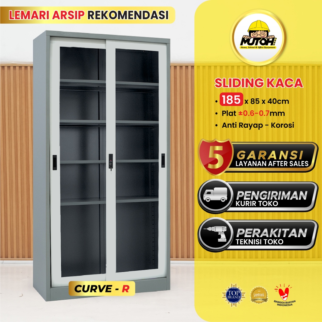 Lemari Arsip Besi Sliding Kaca 2 Pintu Putih MUTOH R | Lemari Kantor