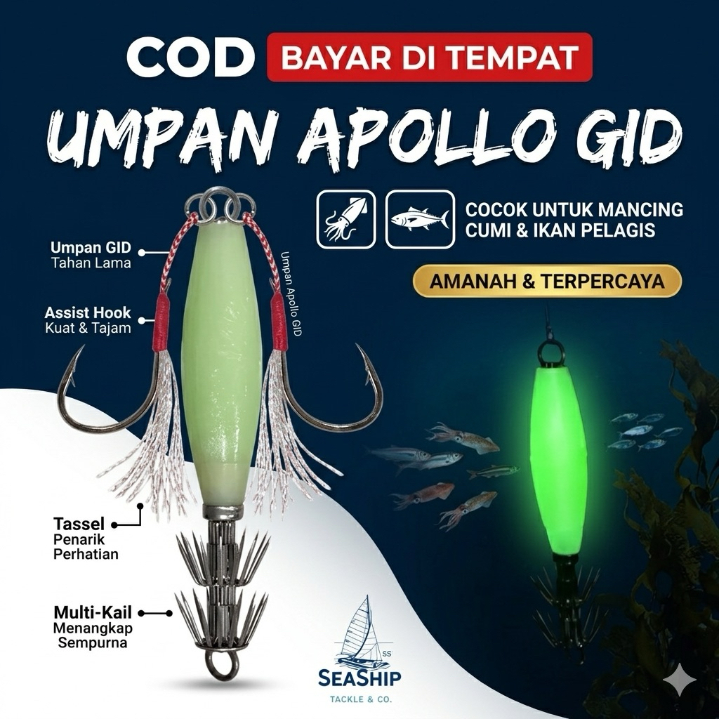 SEASHIP Umpan Pancing Cumi Apollo Udang Squid Jig Glow GID Capella Capela Assist Hook