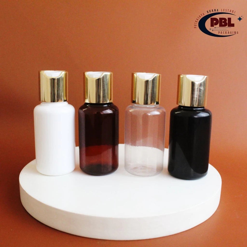 Botol Presstop 60ml Tubular /Botol PET 60ml Tubular Neck 24 Tutup Presstop Neck 24 Gold