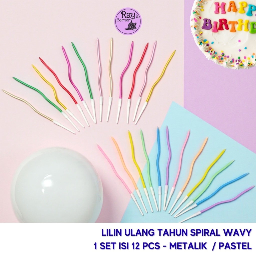 12 Pcs | Lilin Ulang Tahun Spiral 7563-29-30 Abstrak Ombak Metalik Pastel 10 cm Hiasan Tusukkan Kue 