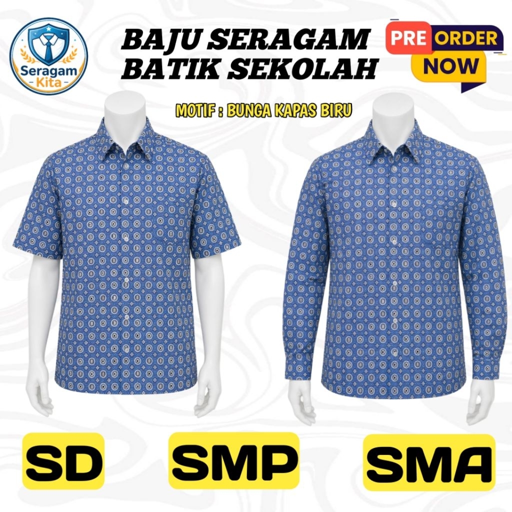 Baju Seragam Batik Sekolah SD/SMP/SMA Motif Bunga Kapas Biru (Pre Order) | Baju Batik Sekolah Sd Smp