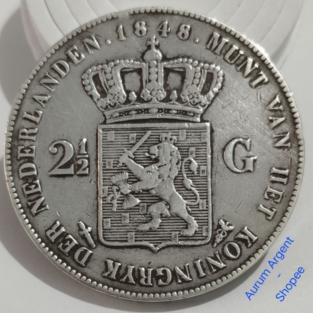 W2.5G.2-- 1 PC KOIN PERAK KUNO ASLI 2.5 GULDEN WILLEM II KONING TH 1848. -- SILVER COIN --