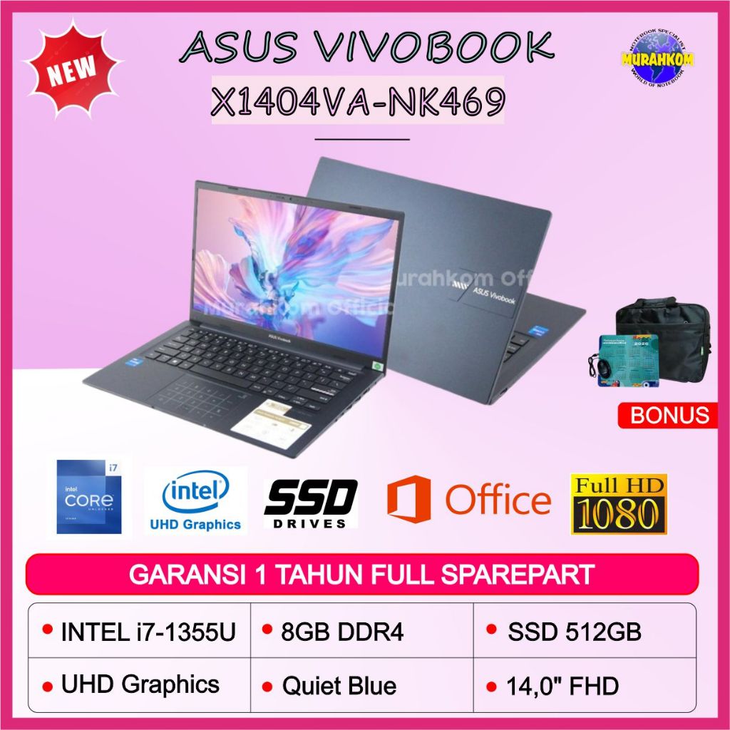 LAPTOP CORE I7 GEN 13 ASUS VivoBook X1404VA-NK469 INTEL CORE  i7 1335U 8GB 512GB NVME LAYAR 14" FHD