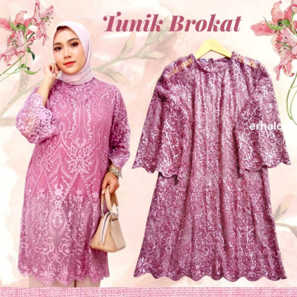 Tunik Raya Brokat Premium Bunga Cantik | Atasan Wanita Tunik Brokat Modern untuk Lebaran & Kondangan