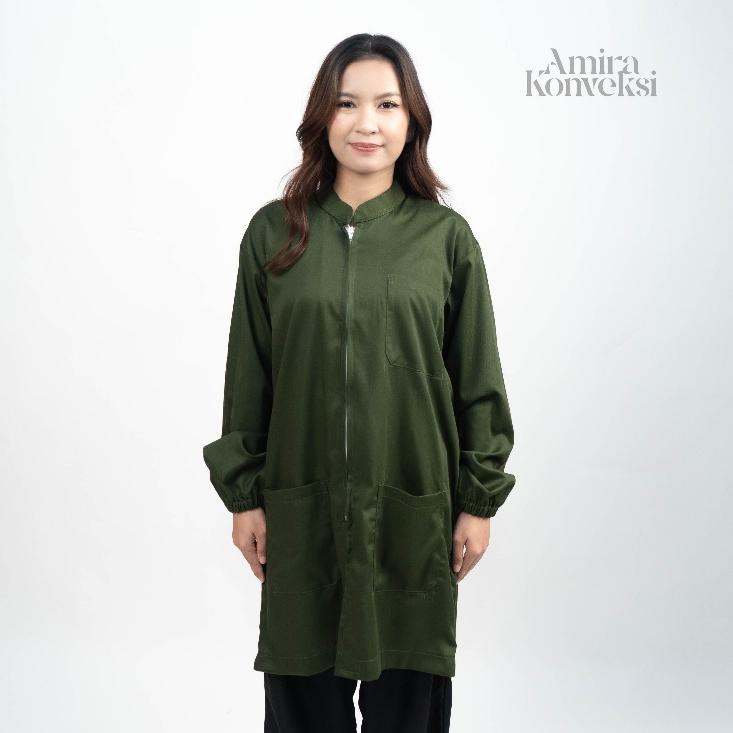 Jas Lab Hijau Army New Color / Jas Laboratorium Lengan Panjang Dengan Kerut Karet & Resleting – Prem