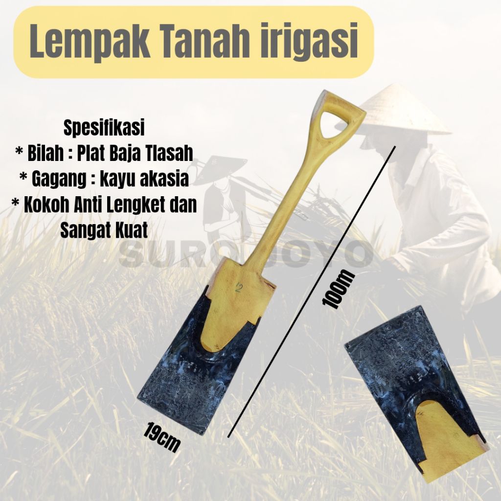 Lempak Tanah/Lencek Full Isen Tajam 100 - 120cm Gagang Kayu Anti Lengket