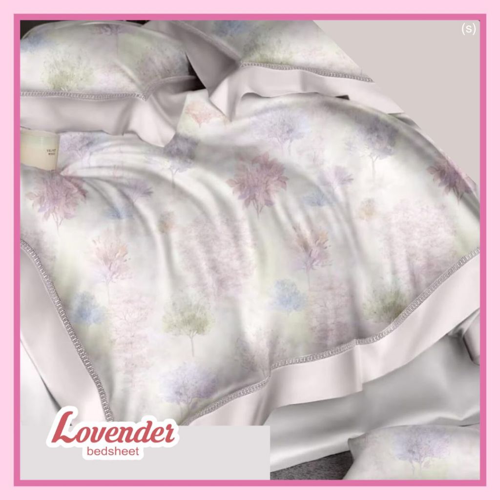 Sprei/Bedcover katun JEPANG pastel pink biru blue lilac ungu purple pohon tree putih white elegan de