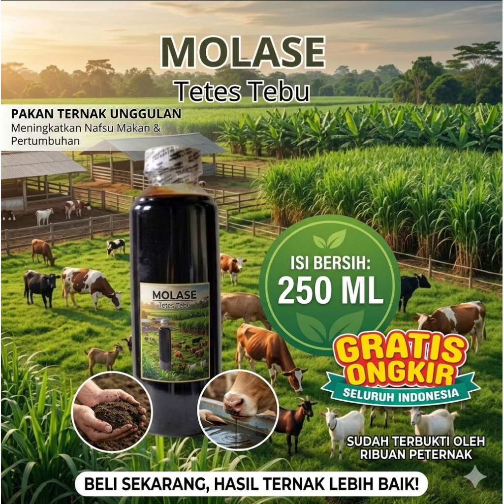 MOLASE Tetes Tebu Murni 250ml - Suplemen Vitamin Pakan Ternak Sapi Kambing Ayam & Ikan - Booster Pen