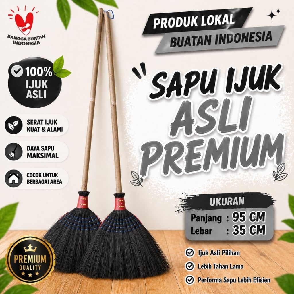 Sapu Lantai Ijuk Asli Premium Anti Rontok | Gagang Rotan | Serat Hitam Asli, Kuat & Lembut