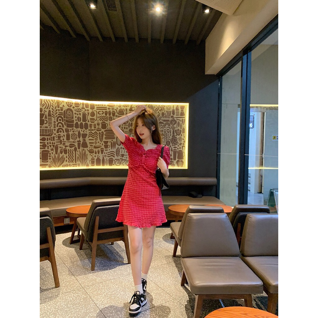 Mini Dress kotak-kotak pink magenta Wanita korean style
