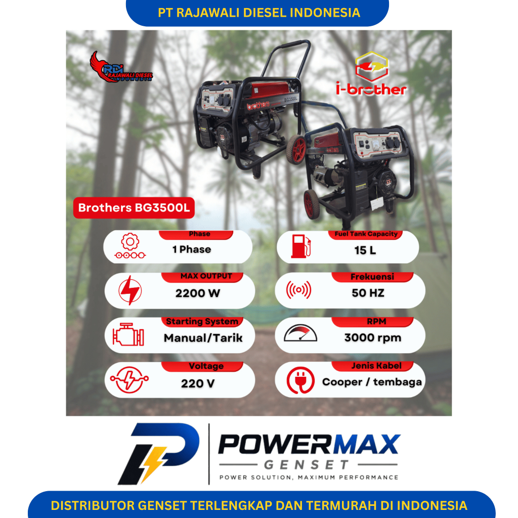 Genset Inverter Brother BG 3500L 2200 Watt 1 Phase Ultra Silent Type Bahan Bakar Bensin 220V Harga B