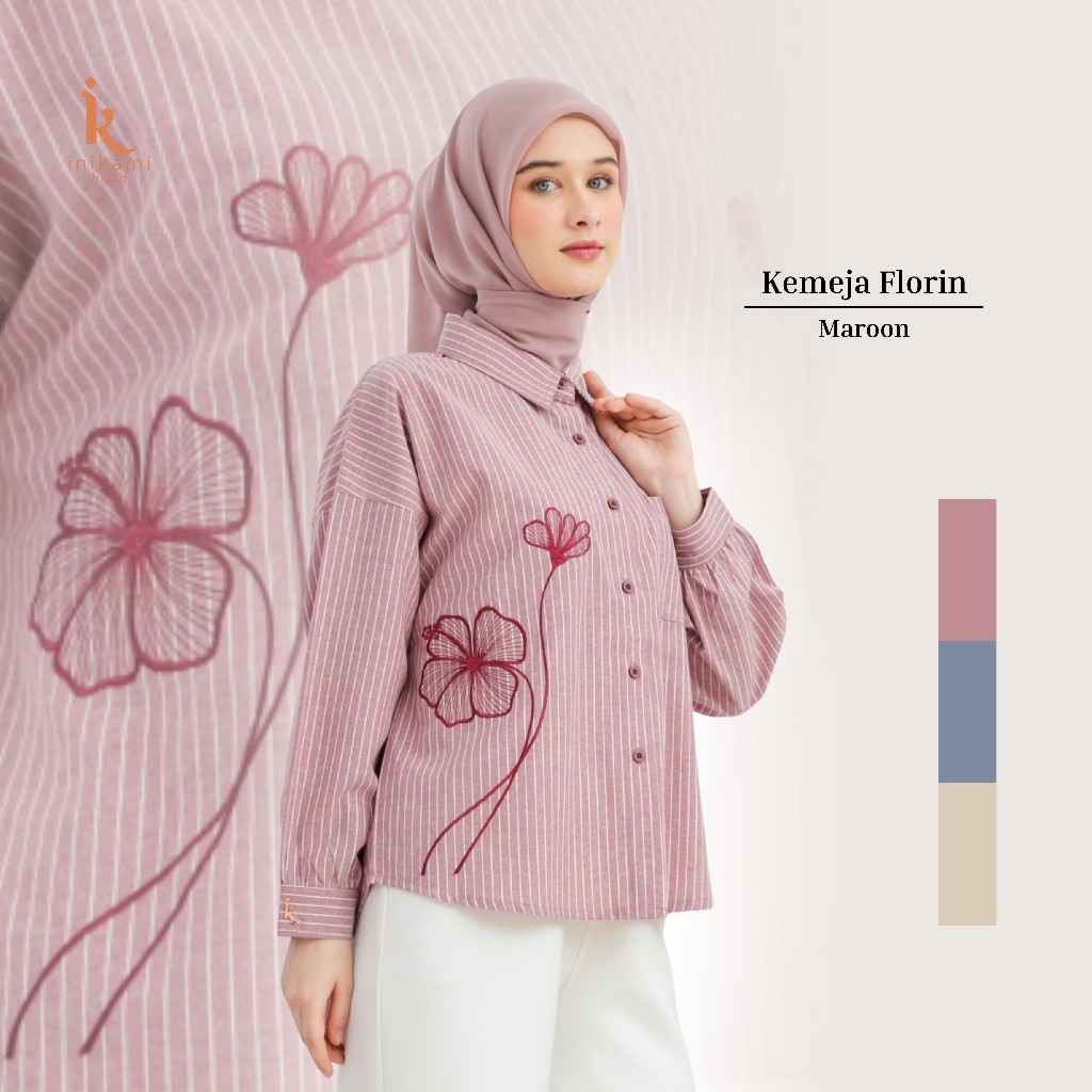 Baju Wanita - Kemeja Florin Salur Oversized Flower Embroidery Maroon By Inikami Hijab