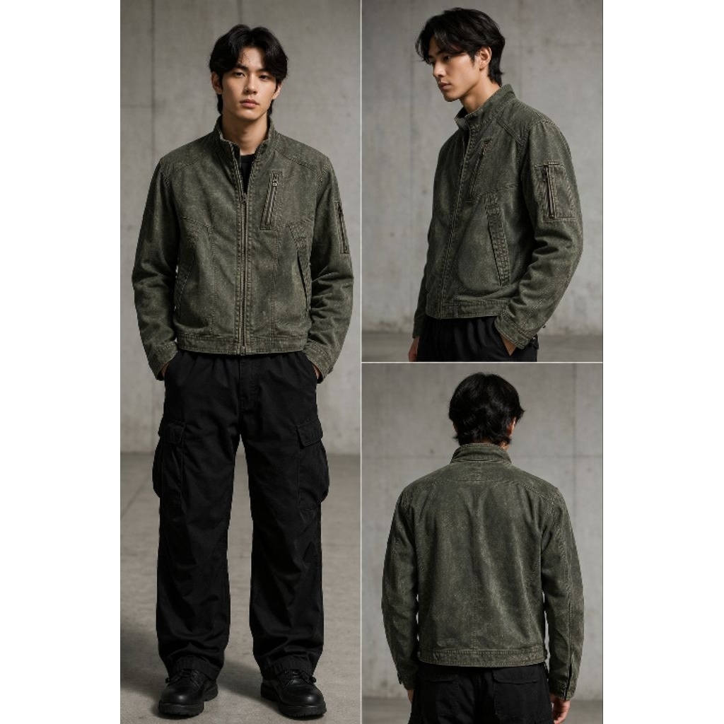 Vintage Y2K Olive Workwear Motorcycle Jacket Army Green Distressed Canvas Field Jacket Streetwear Ra