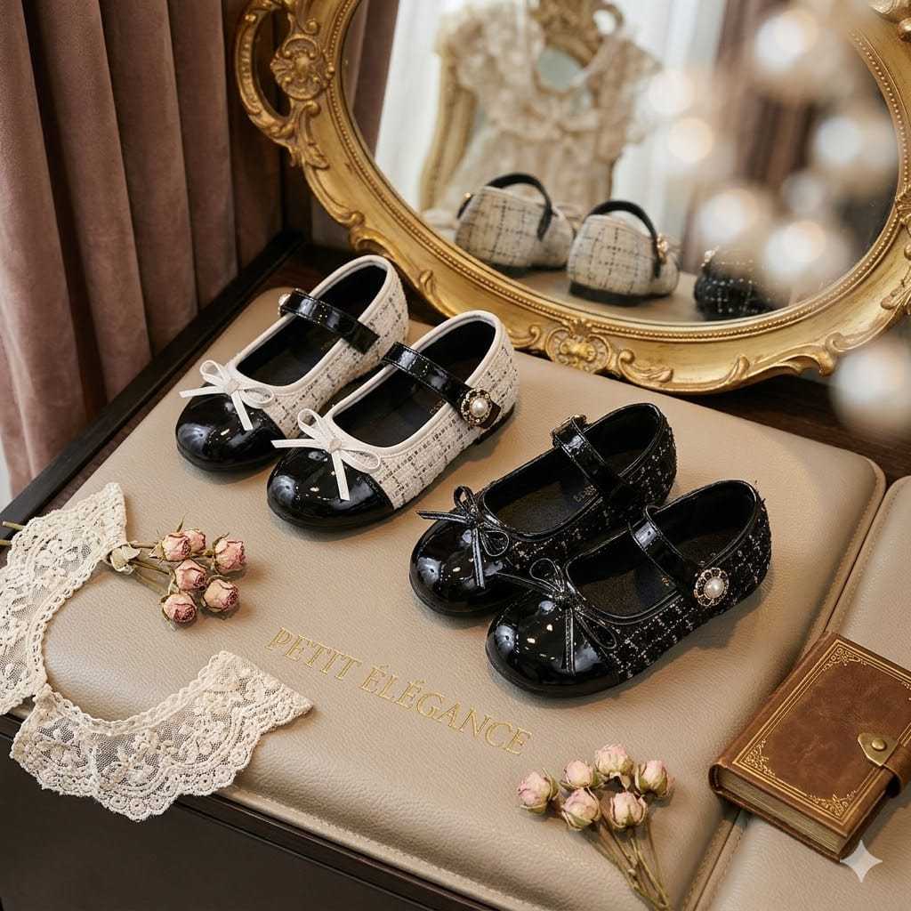 Sepatu Pesta Anak Perempuan Fashion / Sepatu balet motif rajut / Warna hitam dan putih.